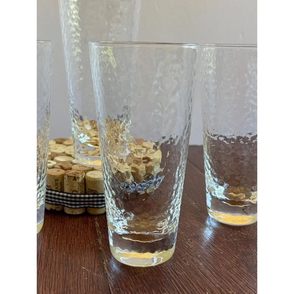 Set 4 Hammered Texture Clear Glass Highball Tumblers 6.25 Inch Iced Tea Glasses